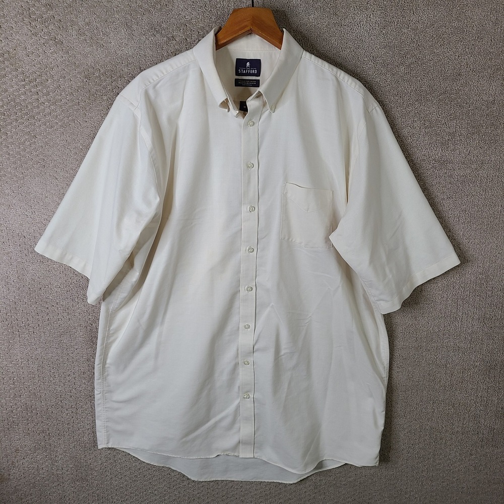 Stafford Shirt Mens 18 Cream Button Down X-Tall Fit Cotton Blend Wrinkle Free